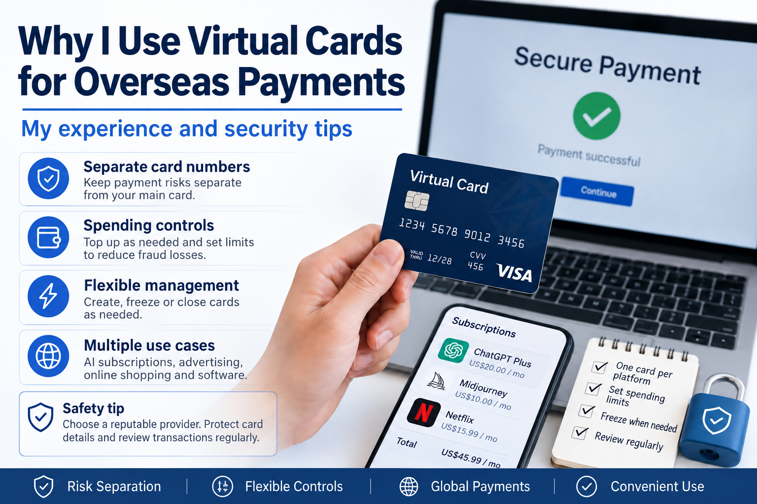 Virtual card payment security: spending controls and risk separation