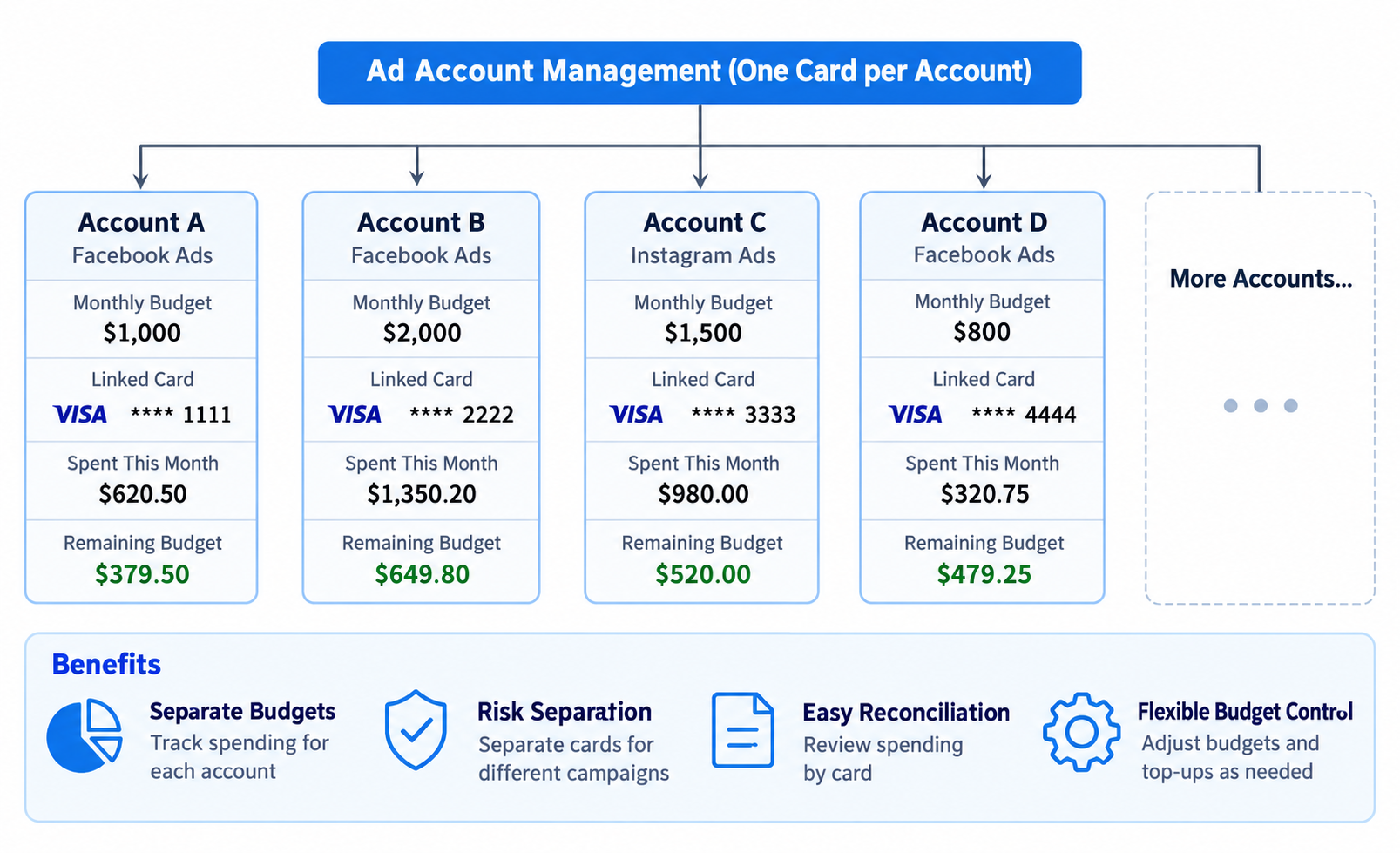 Separate cards and example budgets for advertising accounts