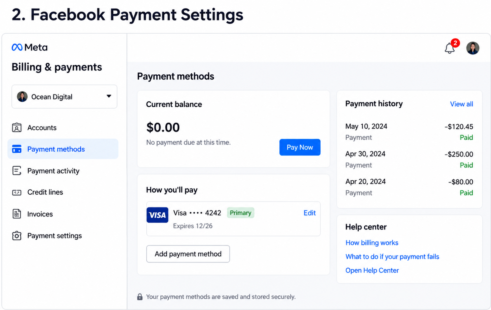 Facebook payment settings and example billing history