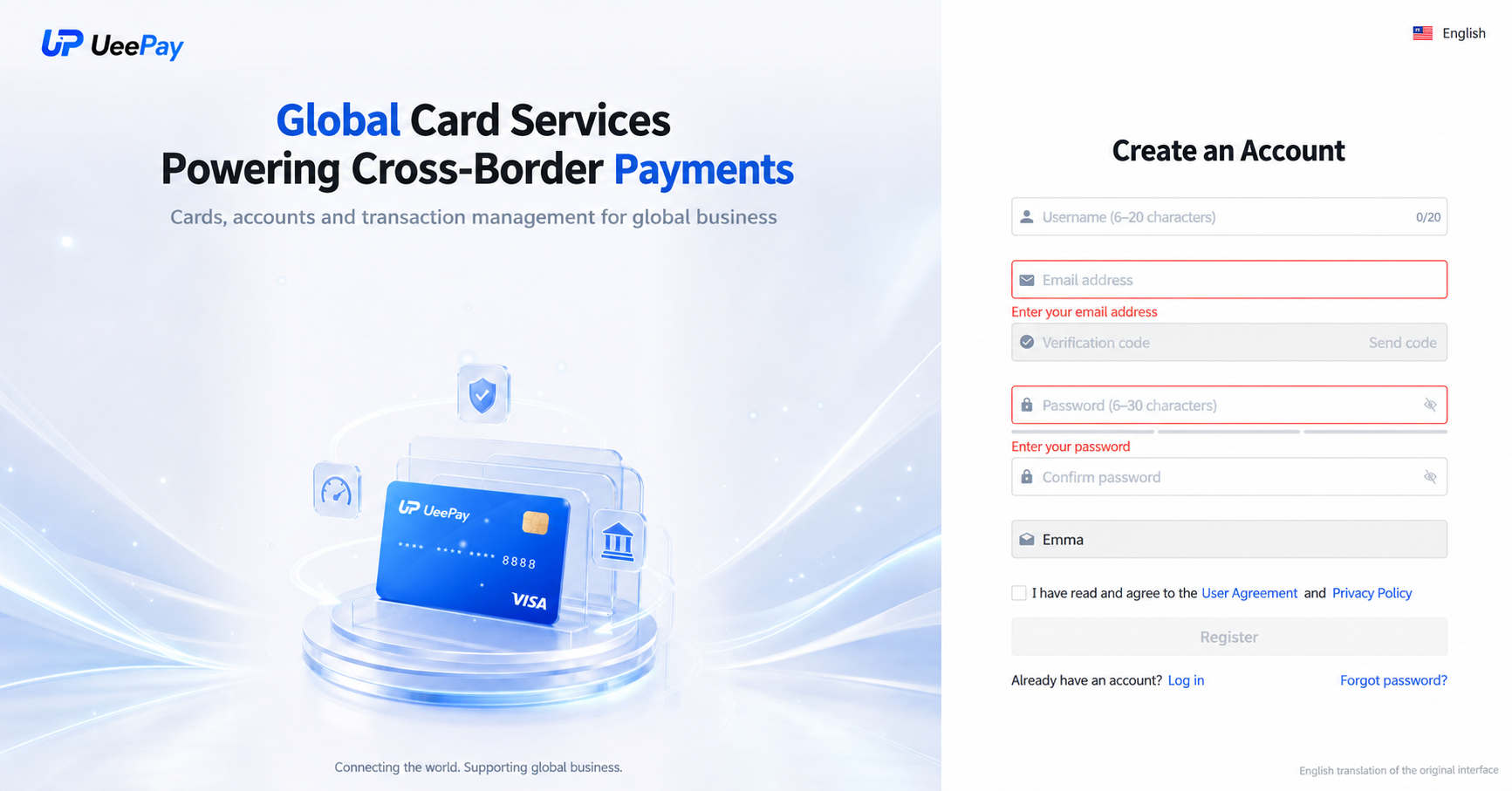 UeePay registration form translated into English