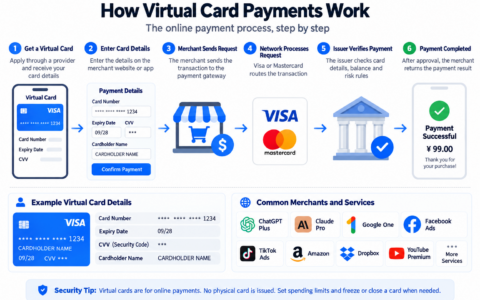 Six-step virtual card payment flow with example card details and a CNY 99 payment